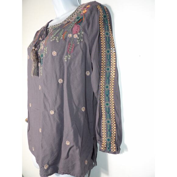 Solitaire Tunic Blouse Womens Large Gray Embroidered Boho Hippie Tassel Keyhole - Picture 11 of 13